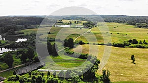 Aerial fly over scenic agricultural farming fields