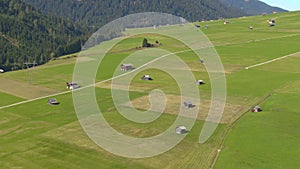 AERIAL: Flying above wooden shacks scattered around the vibrant green meadows.