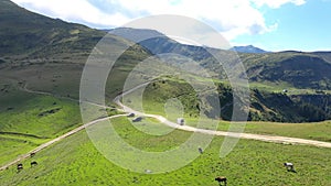 Aerial flying in the mountains. Alpine landscape in the Rodnei, Carpathians, Romania