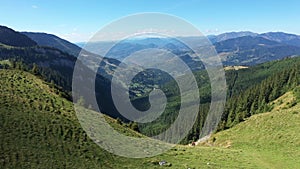 Aerial flying in the mountains. Alpine landscape in the Rodnei, Carpathians, Romania