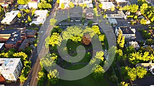 Aerial flying over Corvallis, Oregon, Central Park, Downtown, Drone View