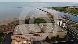 Aerial flying over Kenosha, Wisconsin, Drone View, Water Tower, Kenosha Harbor