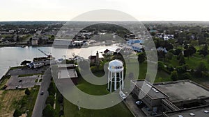 Aerial flying over Kenosha, Wisconsin, Water Tower, Drone View, Kenosha Harbor