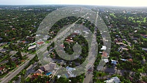 Aerial flyover residential neighborhood