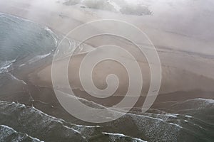 Aerial of Fog, Ocean, and Beach in Cape Cod, MA