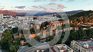 Aerial footage of the Alhambra palace and fortress in Granada
