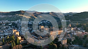 Aerial footage of the Alhambra palace and fortress in Granada