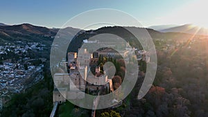 Aerial footage of the Alhambra palace and fortress in Granada