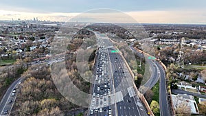 Aerial Footage of Backed Up Highway Traffic Outside Philadelphia