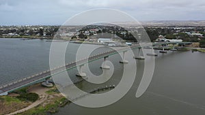 Aerial footage of the bridge in the township of Goolwa in regional South Australia in Australia