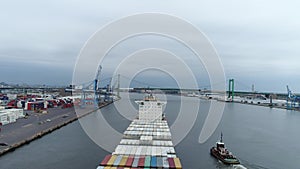 Aerial Footage of Cargo Container Ship on Delaware River Philadelphia PA