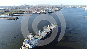 Aerial Footage of Cargo Container Ship on Delaware River Philadelphia PA