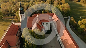 Aerial footage of Cistercian monastery Kostanjevica na Krki, homely appointed as Castle Kostanjevica, Slovenia, Europe