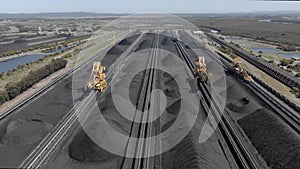 Aerial footage of coal stockpiles and bucket wheel excavators