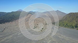 An aerial footage of composite volcanic area in Mount Bromo region in Java island in Indonesia.