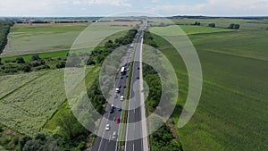 Aerial footage of congested autobahn in German countryside