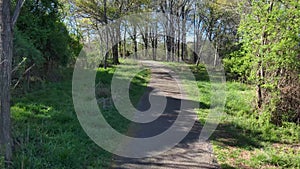 Aerial footage of a footpath along side of a still blue lake surrounded by lush green trees, plants and grass at Lake Horton