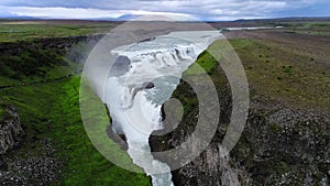 Aerial footage of Gullfoss waterfall