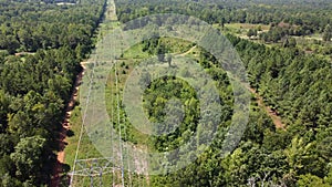 Aerial footage of high voltage power lines and pylons in South Carolina