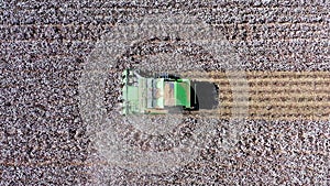 Aerial footage of a Large Cotton picker harvesting a field.