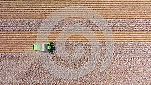 Aerial footage of a Large Cotton picker harvesting a field.