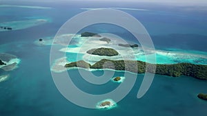 Aerial footage of a limestone islands in Rock Islands, Palau.