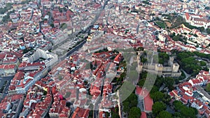 Aerial footage Lisbon and Castelo de Sao Jorge at dusk