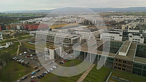 Aerial footage of modern buildings on Goethe University campus. Panoramic view of urban borough. Frankfurt am Main