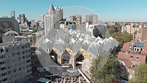 Aerial footage of a modern contemporary designed building in the city of Rotterdam, Netherlands.