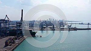 Aerial Footage over Harbor with tankers docking in Mediterranean sea