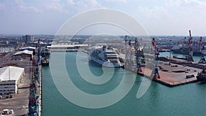 Aerial Footage over Harbor with tankers docking in Mediterranean sea