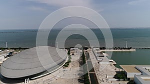 Aerial footage of Park of The Nations in Lisbon (Parque das Nações)