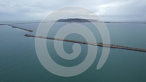 Aerial footage of Portland Harbour, looking from the east towards the marina and docks