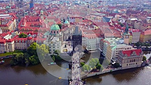 Aerial footage of Prague, Czech Republic, including Charles Bridge.