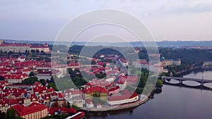 Aerial footage of Prague, Czech Republic, including Charles Bridge.