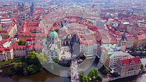 Aerial footage of Prague, Czech Republic, including Charles Bridge.