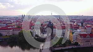 Aerial footage of Prague, Czech Republic, including Charles Bridge.