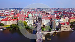 Aerial footage of Prague, Czech Republic, including Charles Bridge.