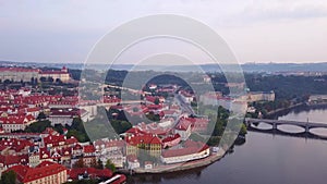 Aerial footage of Prague, Czech Republic, including Charles Bridge.