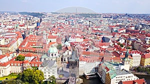 Aerial footage of Prague, Czech Republic, including Charles Bridge.