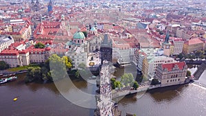 Aerial footage of Prague, Czech Republic, including Charles Bridge.