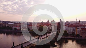 Aerial footage of Prague, Czech Republic, including Charles Bridge.