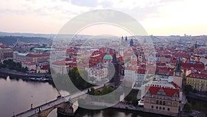 Aerial footage of Prague, Czech Republic, including Charles Bridge.