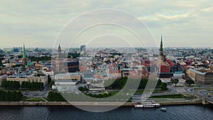 Aerial footage of Riga, stunning view of the capital of Latvia, Daugava river 4k