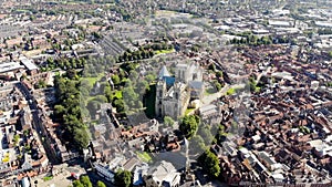 Aerial footage of the town of York located in North East England and founded by the ancient Romans, the footage shows the York
