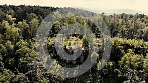 Aerial footage of a two woman sitting in meditating position on the top of mountine.