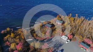 aerial footgage Car Camping Caravan parking by lake from Abisko towards Bjoerkliden during swedish lapland fall colors