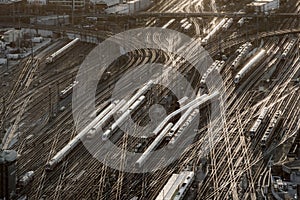 Aerial of Frankfurt main station in sunset