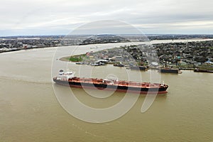 Aerial of Freighter on Mississippi River at New Orleans, Louisiana, United States