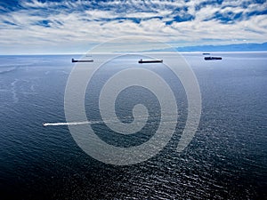 Aerial freighters anchored off Vancouver Island photo